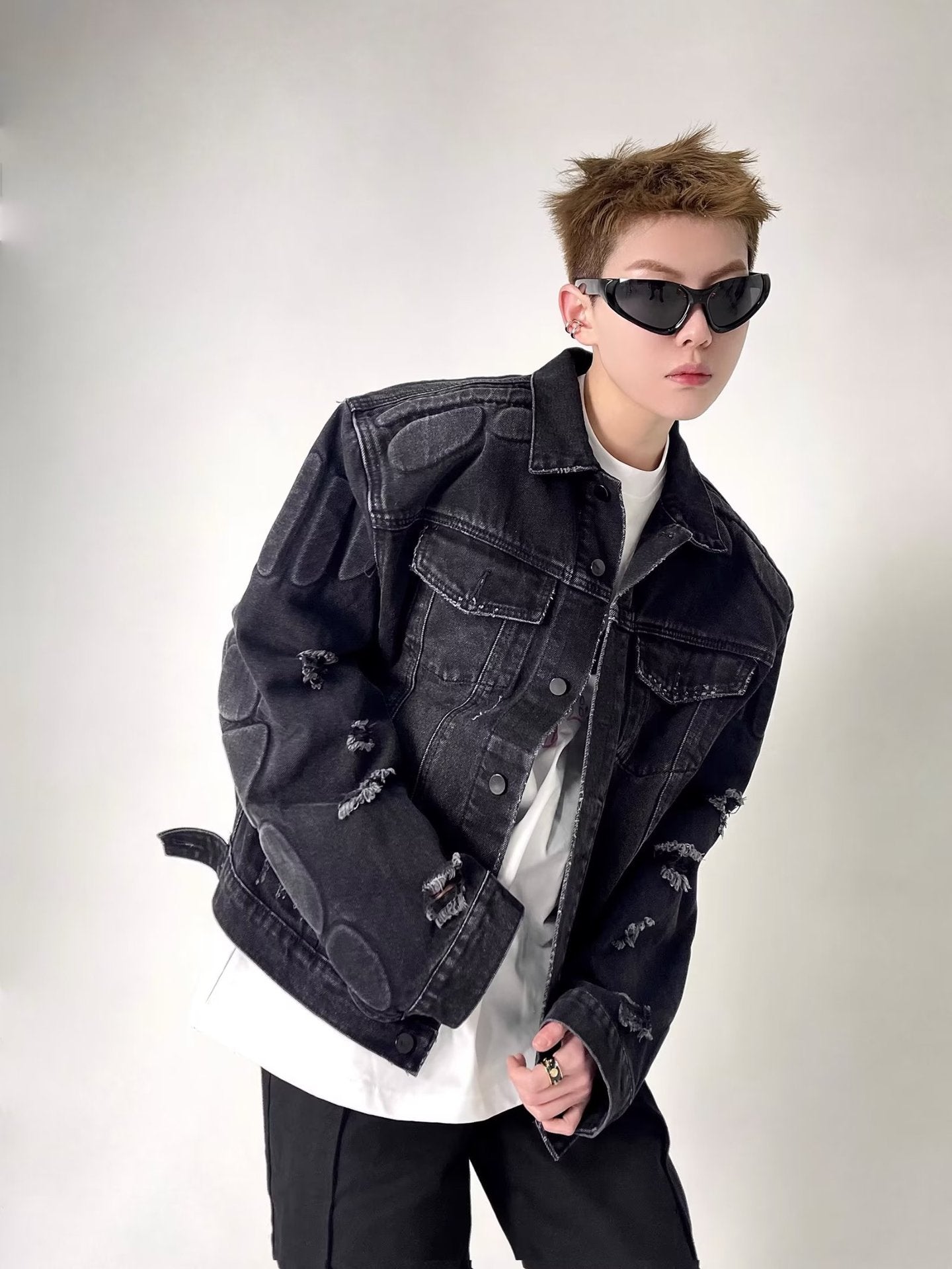 Ripped Motorcycle Denim Jacket Men's Clothing