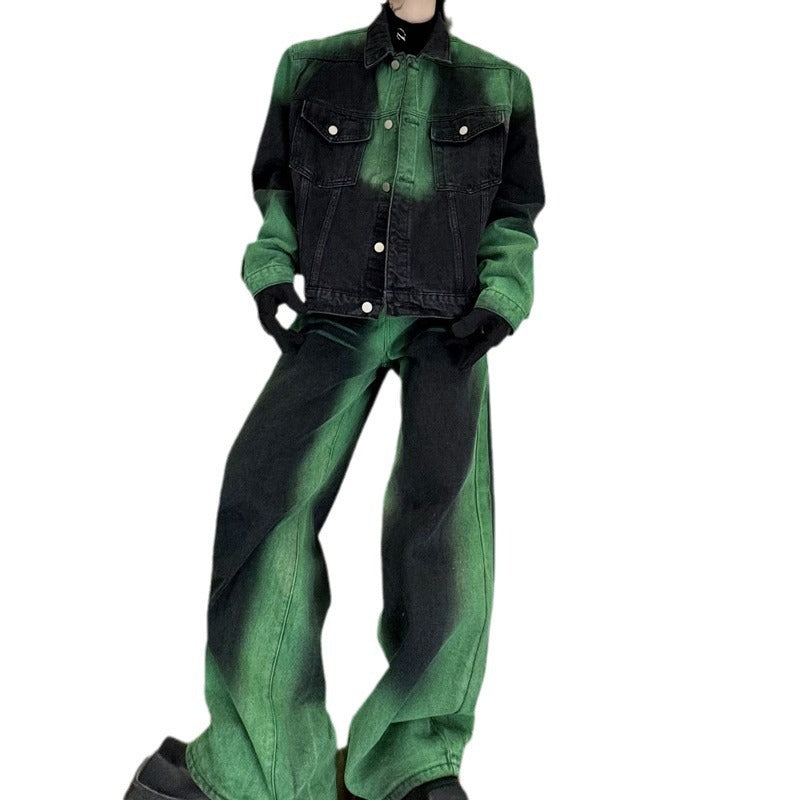 Black and Green Gradient Denim Jacket Trousers Suit