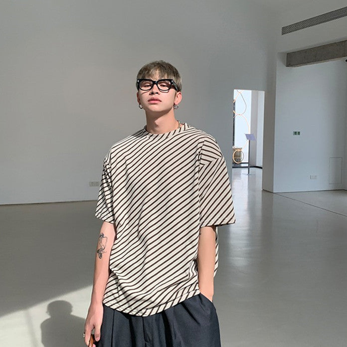 Diagonal Striped Crew Neck Short Sleeve Shoulder Pads Short Tee