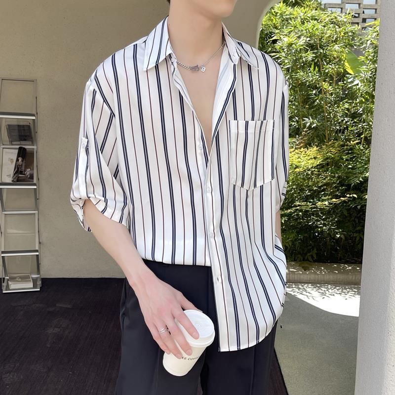 Striped short-sleeved shirt in ice silk