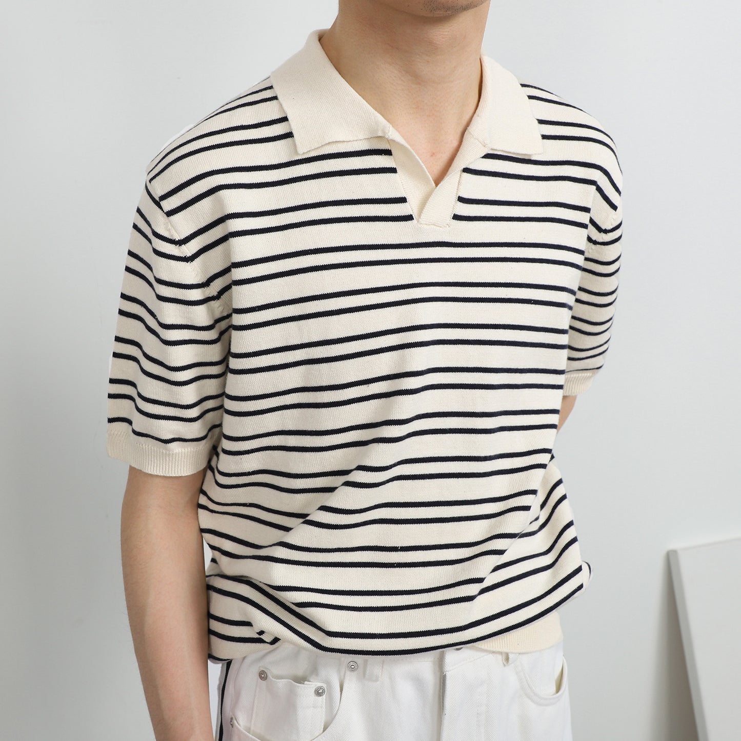 V-neck Ice Silk Striped Polo Shirt