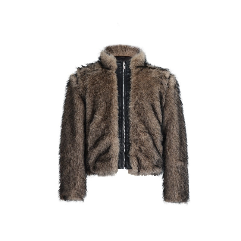 Plush Thickened Coat PU Leather Stitching Fur Short Baggy Coat