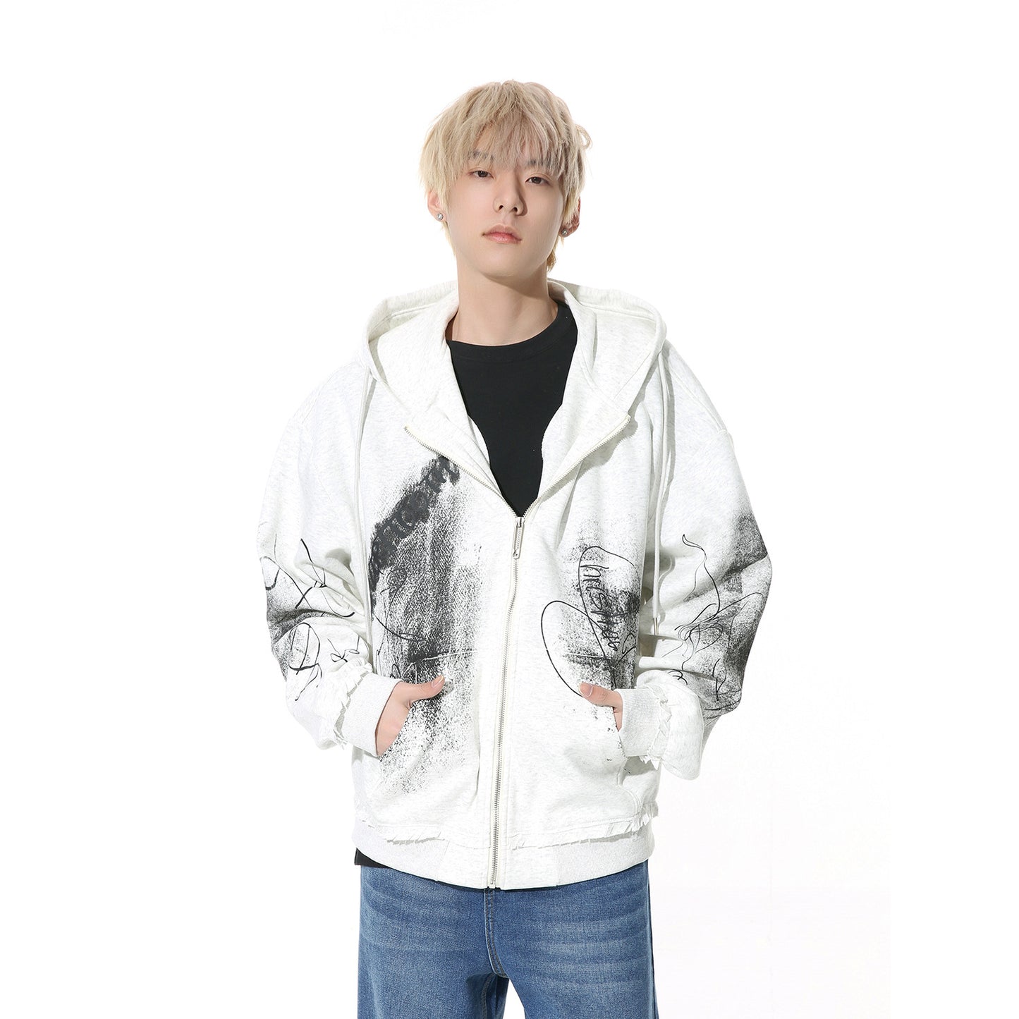 Graffiti Printing Casual Hooded Drawstring Zipper Sweater Jacket