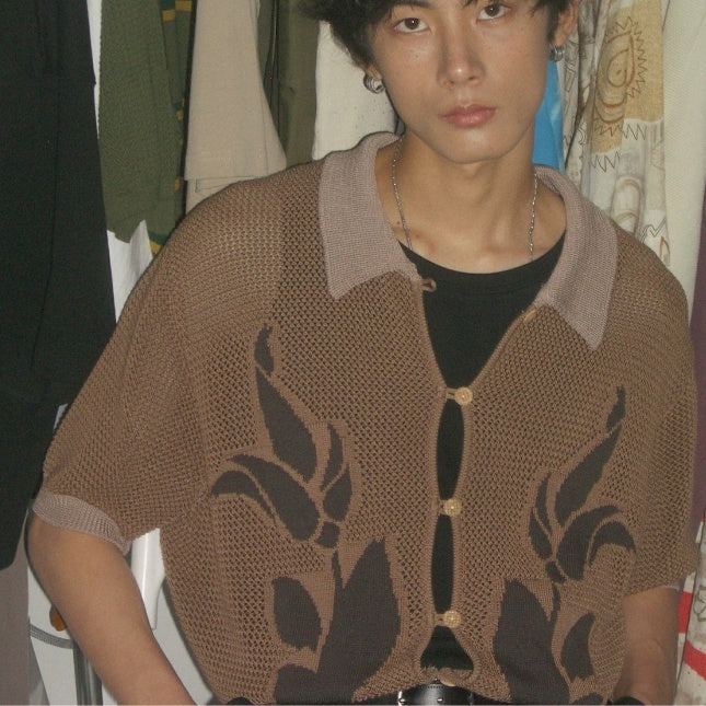 Flower And Leaf Pattern Jacquard Loose Knitted Cardigan