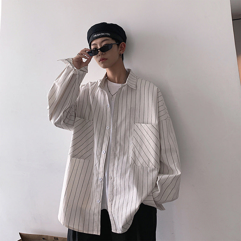 Trendy Men With Long-Sleeved Shirt Korean Men's Handsome Striped Shirt