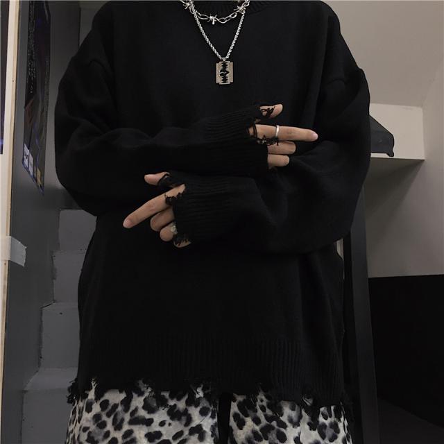 Korean Version Of The Lazy Loose Pullover Tattered Sweater Knit Sweater (Unisex)