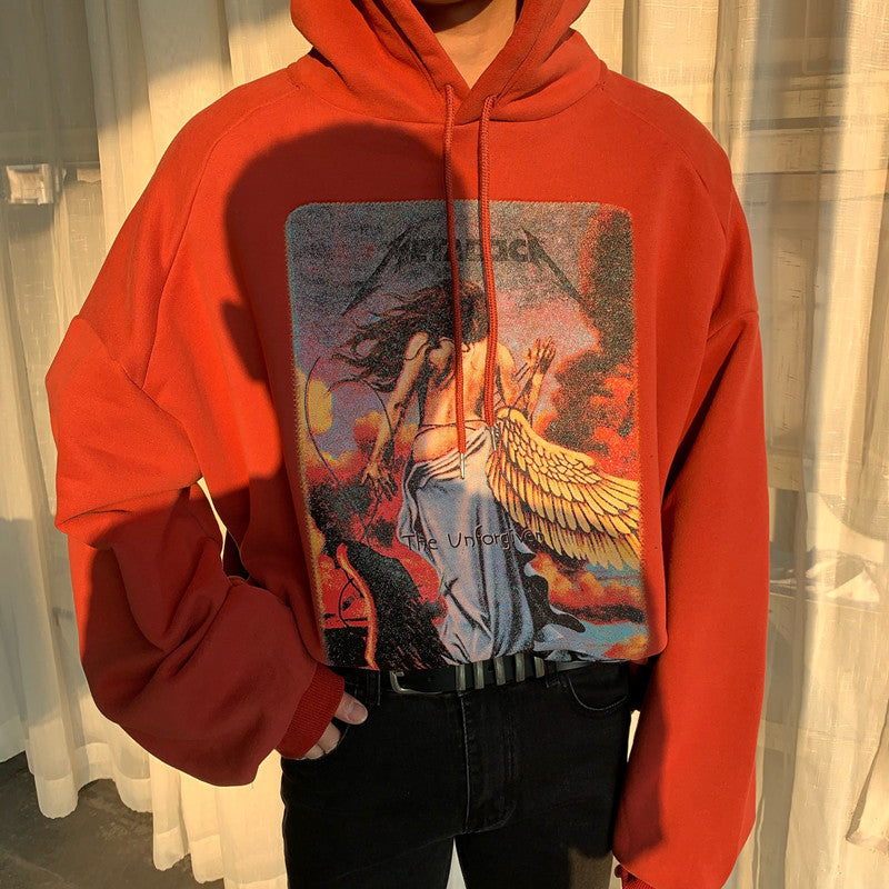 Loose Plush Jet Offset Print Pullover Hoodie