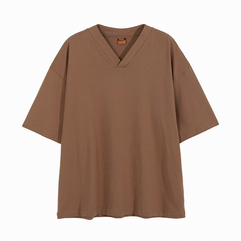 Solid Color V-neck Pullover Loose Short-sleeved T-shirt Men's