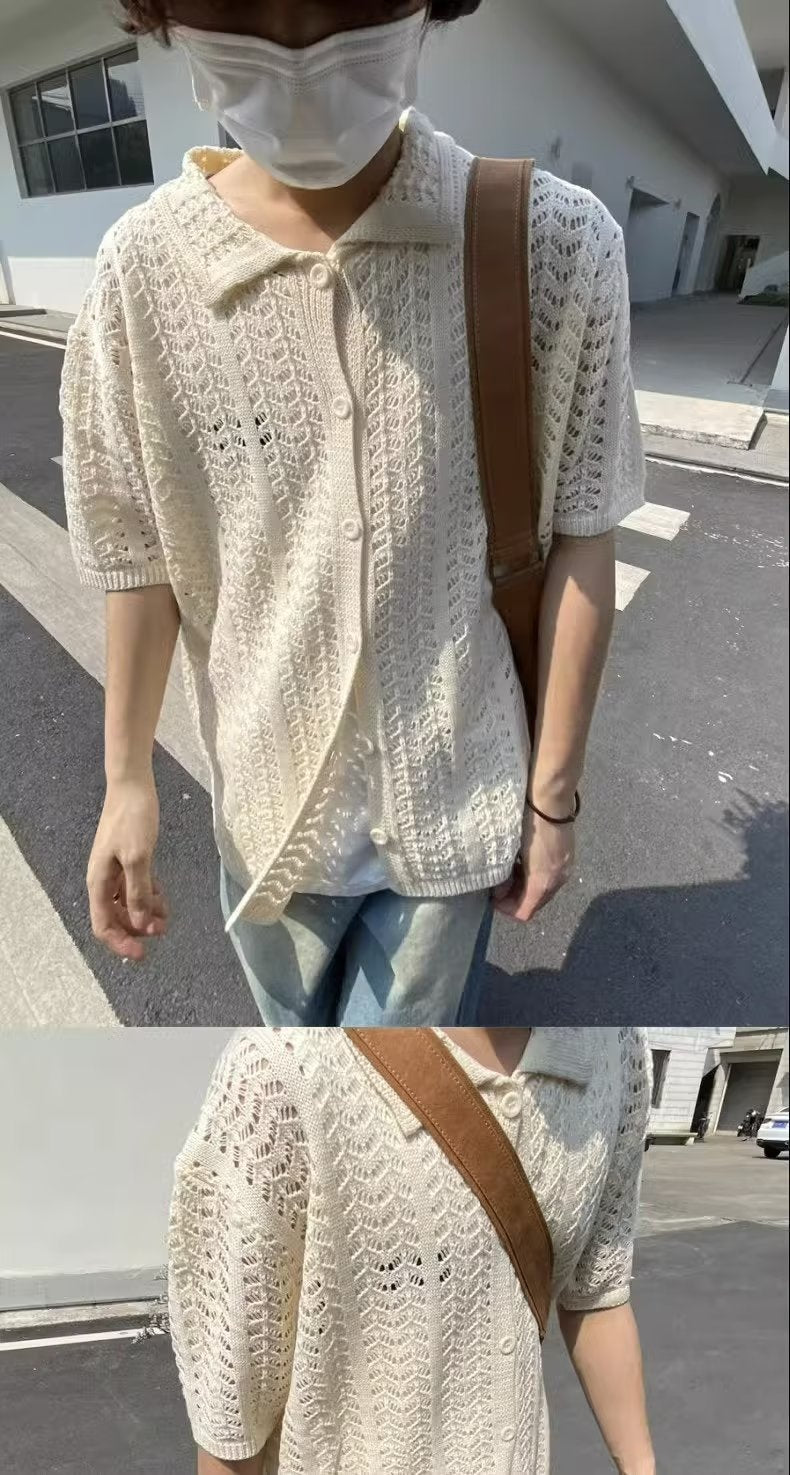 Retro Casual Hollow-out Knitted Shirt Thin (Uisex)