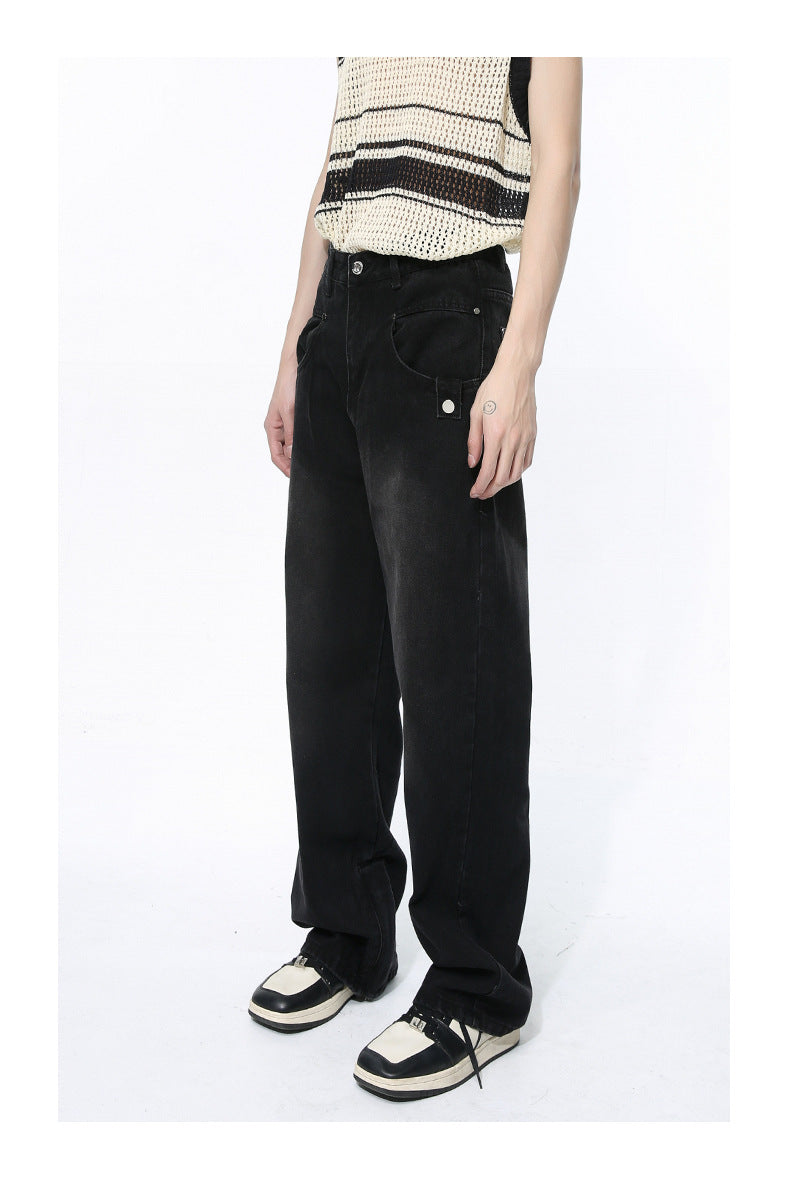 Straight Wide Leg Black Denim Trousers