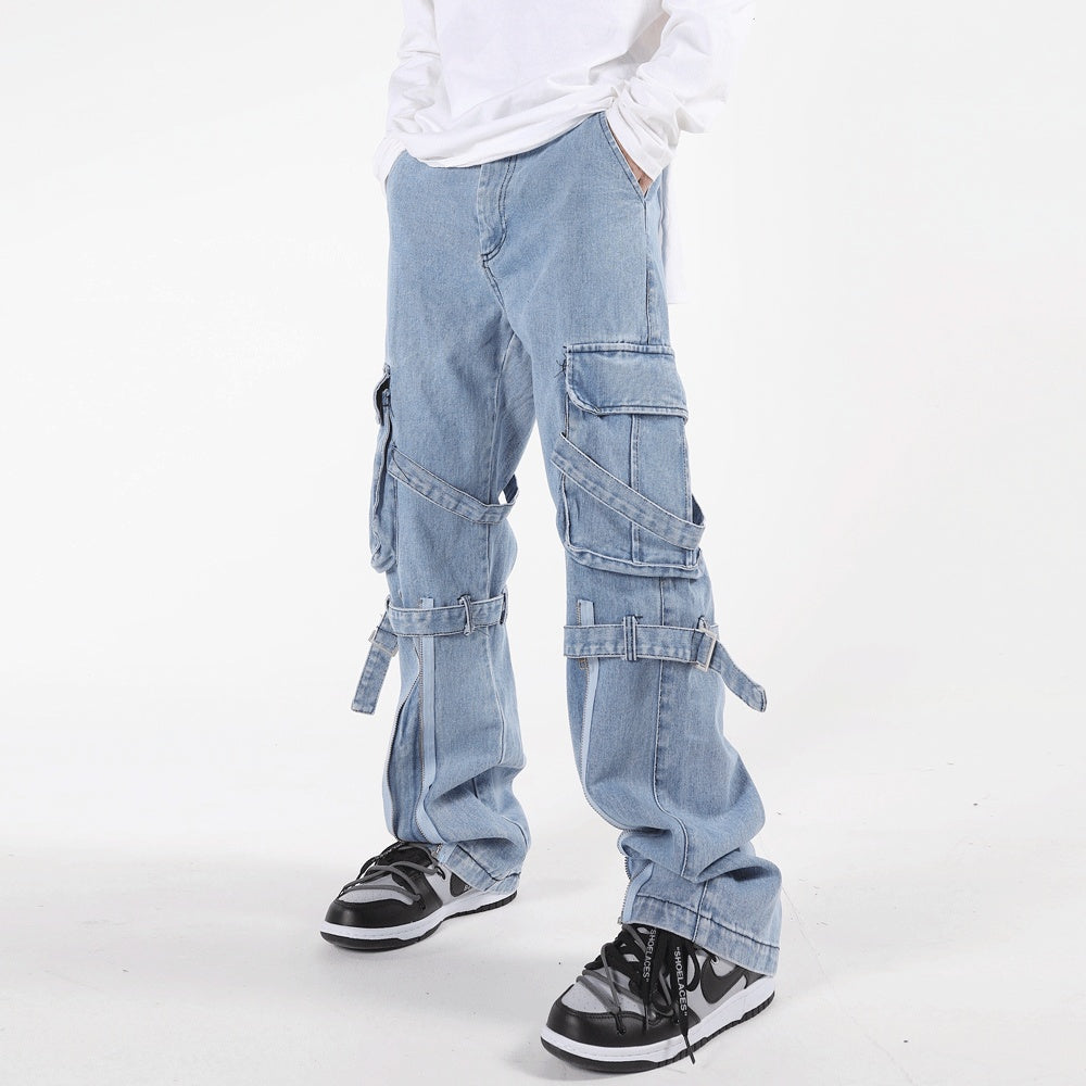 Ins Street Trend Zipper Stitching Loose Straight Trousers