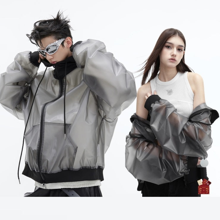 Transparent Design Pu Leather Coat Hooded Loose Jacket(Unisex)