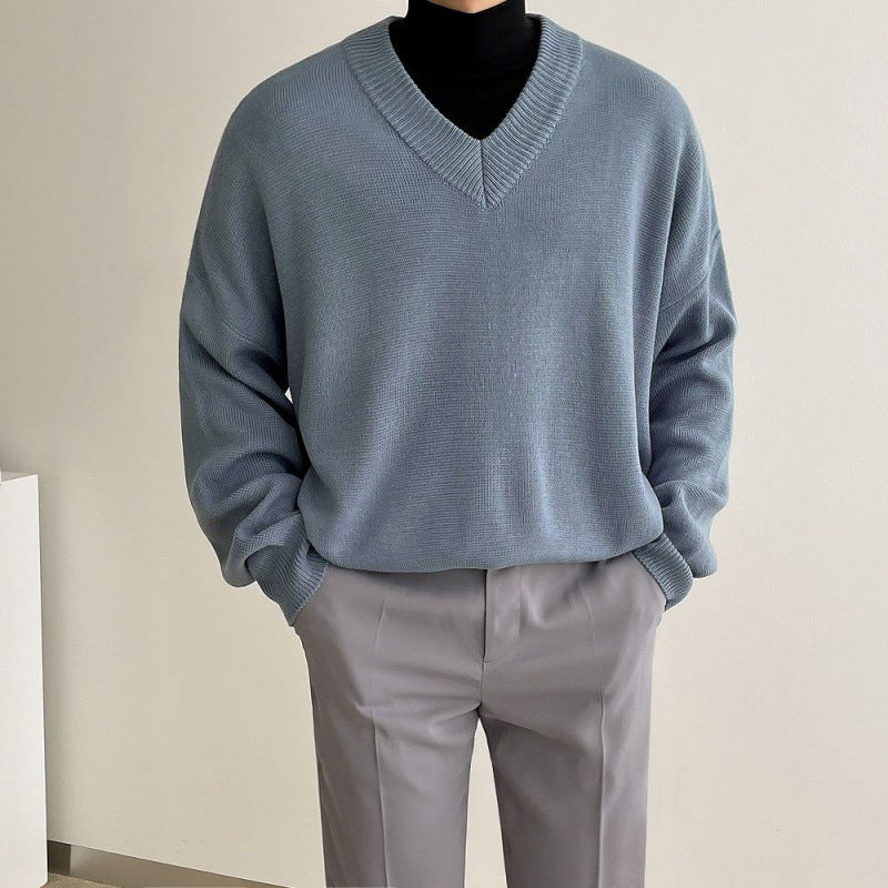 Simple Solid Color V-neck Autumn Sweater