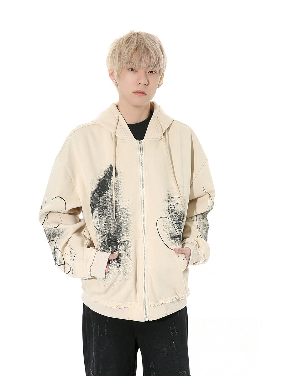 Graffiti Printing Casual Hooded Drawstring Zipper Sweater Jacket