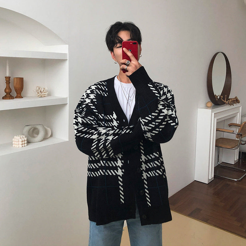 Plaid Sweater Korean Knitted Cardigan Coat