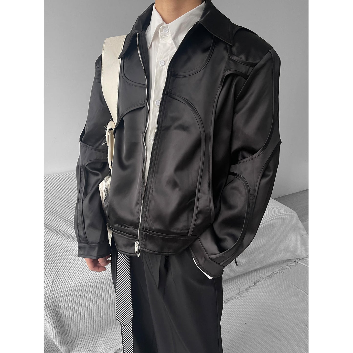 Stitching Solid Color Design Stand-up Collar Jacket