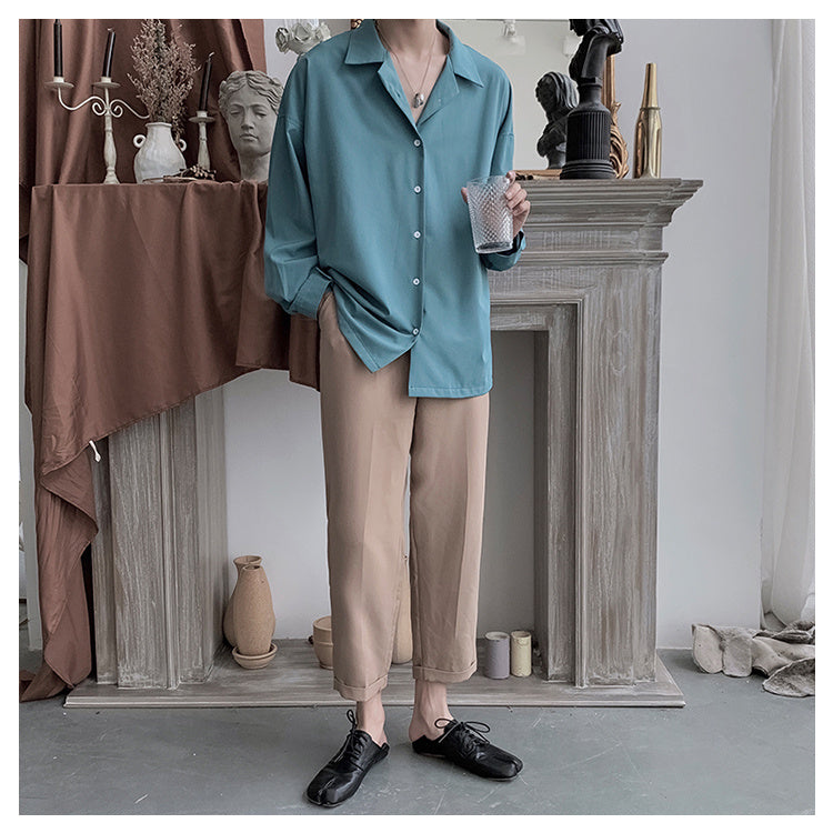 Solid color suit collar long sleeve shirt