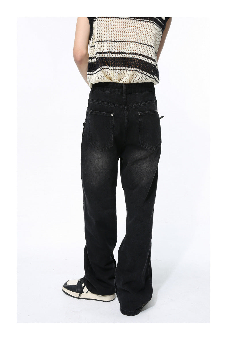 Straight Wide Leg Black Denim Trousers