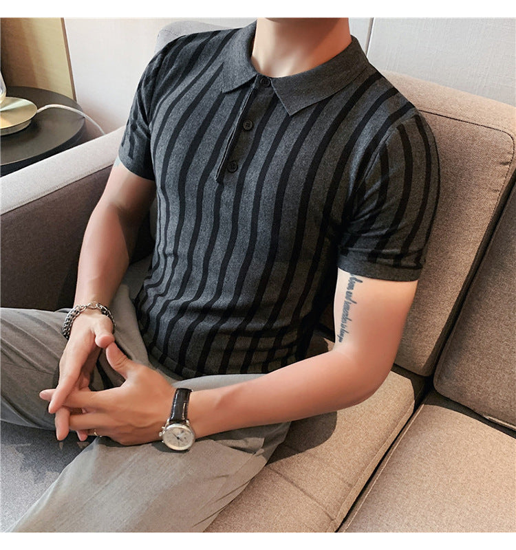 Men's Wide Striped Short-sleeved Polo Shirt