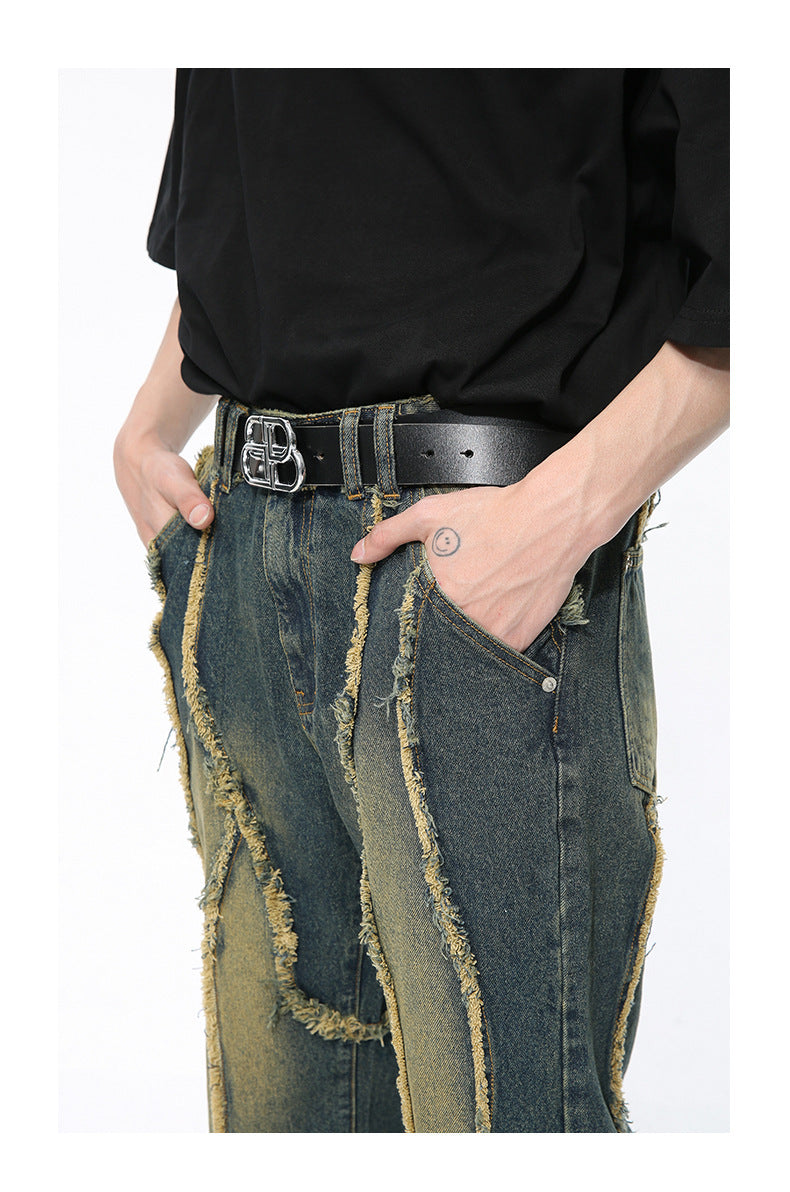 Niche Deconstructed Frayed Stitching Damaged Wind-washed Jeans