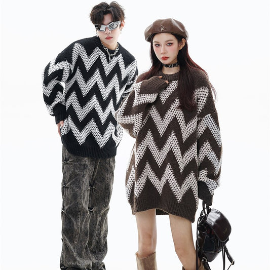 Retro Diamond Plaid  Wave Striped Sweater (Unisex)