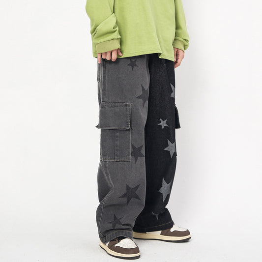 Star Print Two-Tone Jeans Casual Trousers