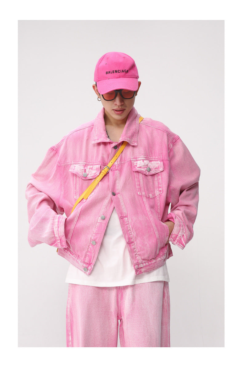 Pink Denim Jacket Straight Jeans For Men