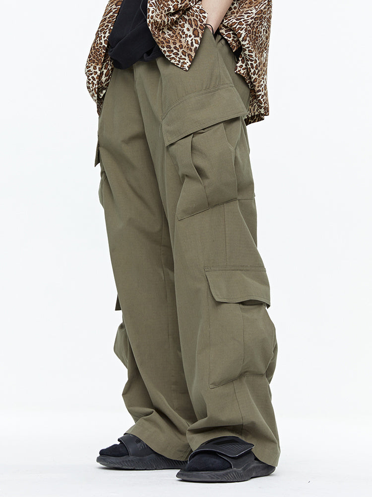 Wide-Leg Army Green Multi-pocket Cargo Pants