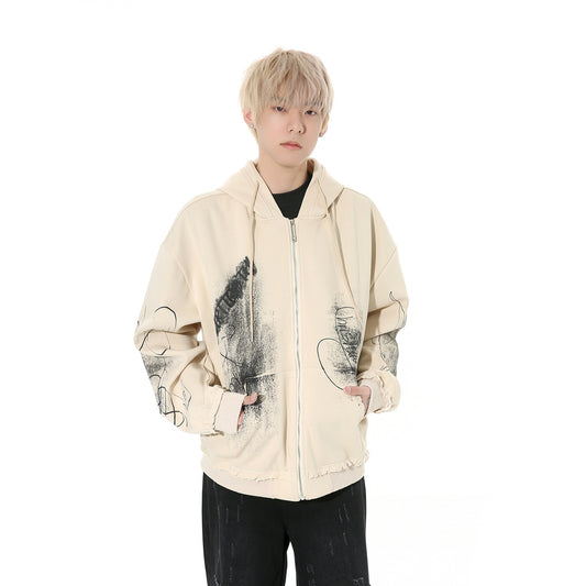 Graffiti Printing Casual Hooded Drawstring Zipper Sweater Jacket