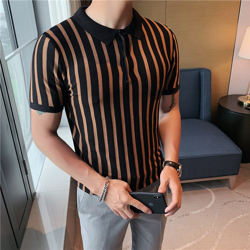 Men's Wide Striped Short-sleeved Polo Shirt