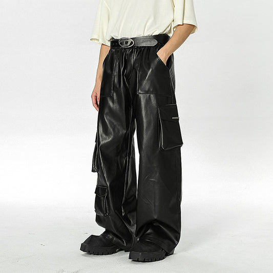 Straight Casual PU Leather Cargo Pants