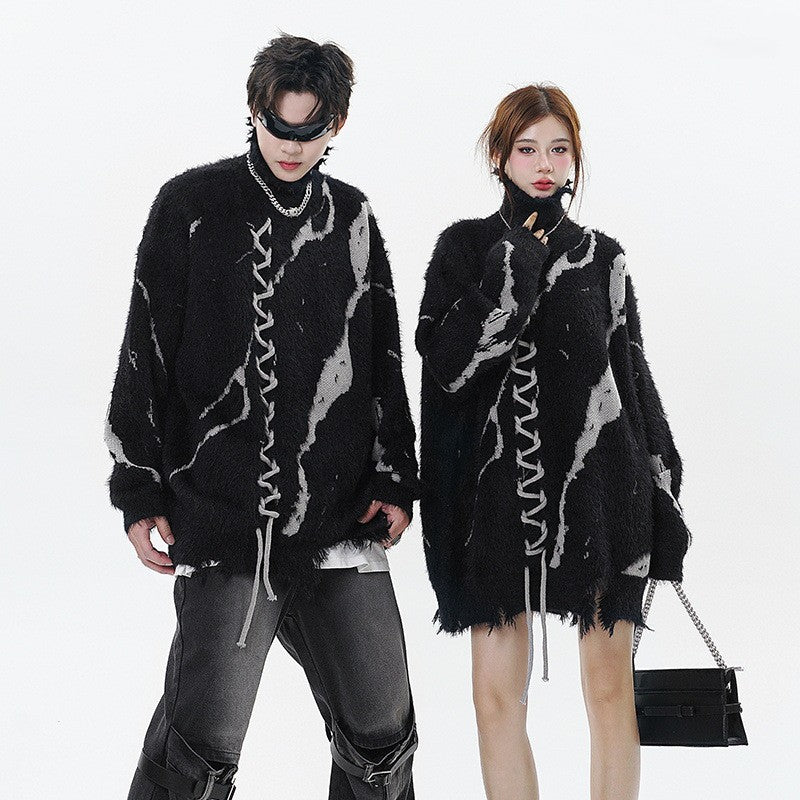 Ripped Design Jacquard Rope Turtleneck Sweater (Unisex)