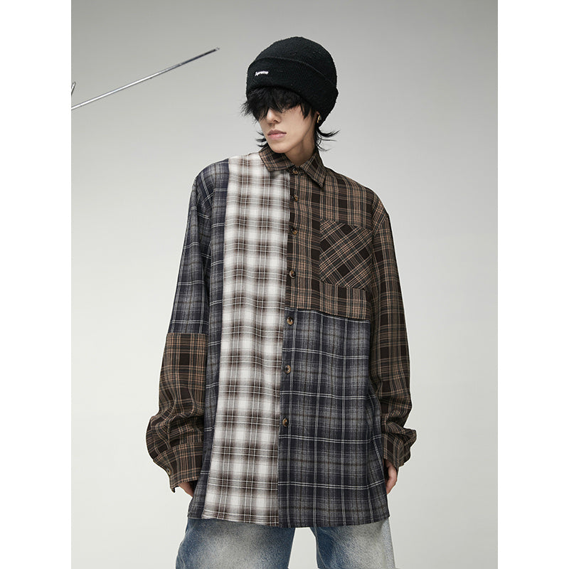 Irregular Patchwork Plaid Long Sleeved Shirt