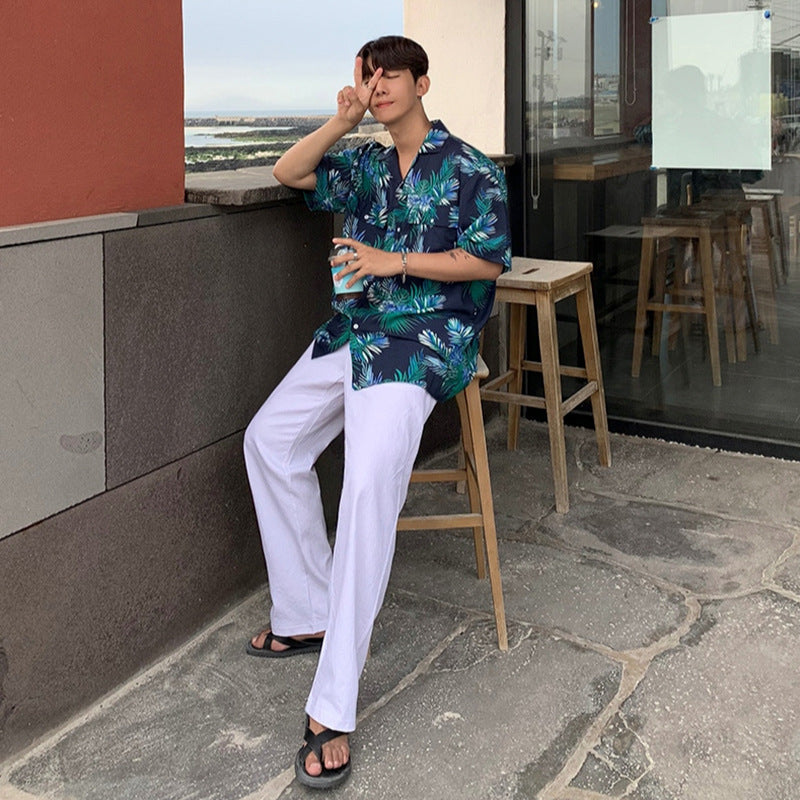 Hawaiian Style Short-sleeved Floral Shirt Korean Version Trend Ins Fashion Men