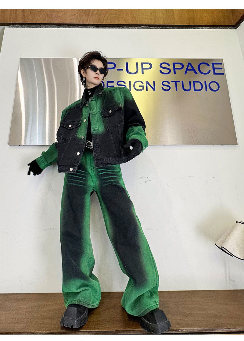 Black and Green Gradient Denim Jacket Trousers Suit