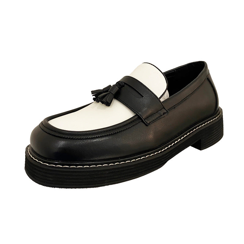 Small Leather Black And White Contrast Color Loafers LE1228