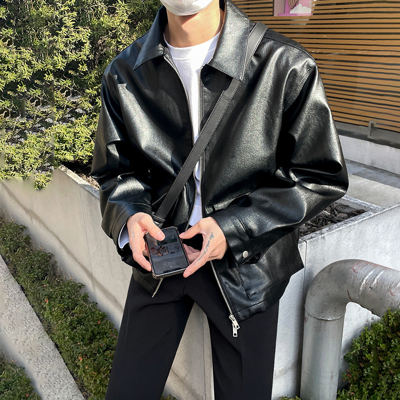 Solid Color Lapel Leather Jacket