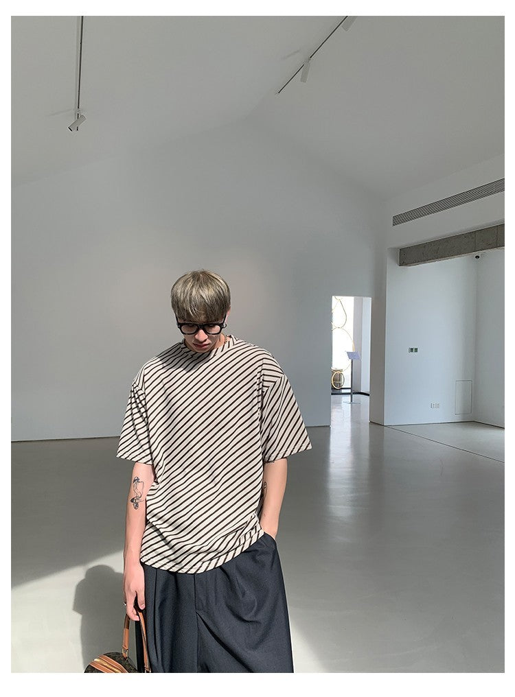 Diagonal Striped Crew Neck Short Sleeve Shoulder Pads Short Tee