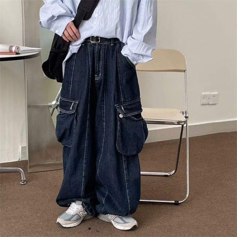 Retro Wide-leg Denim Cargo Pants