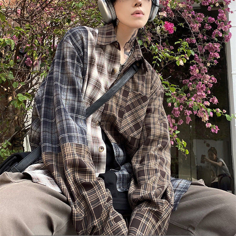 Irregular Patchwork Plaid Long Sleeved Shirt