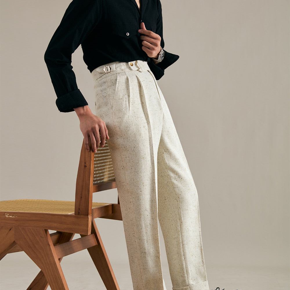 Linen Double Pleated Trousers Straight Leg