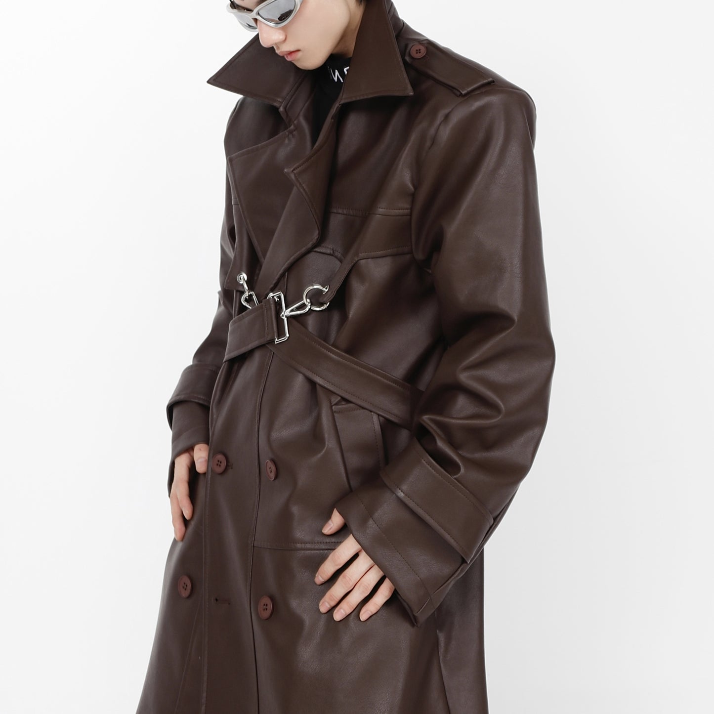 Double-layer Patchwork Leather Padded Shoulder Coat