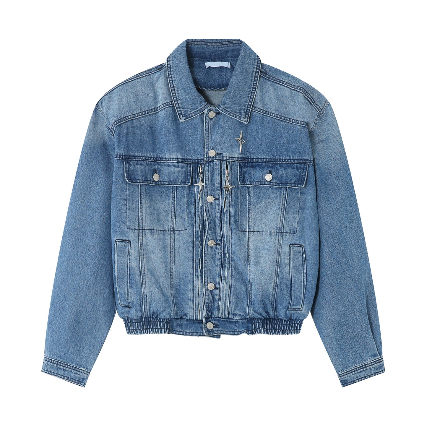 Padded Shoulder Loose Waist Elastic Design Denim Jacket