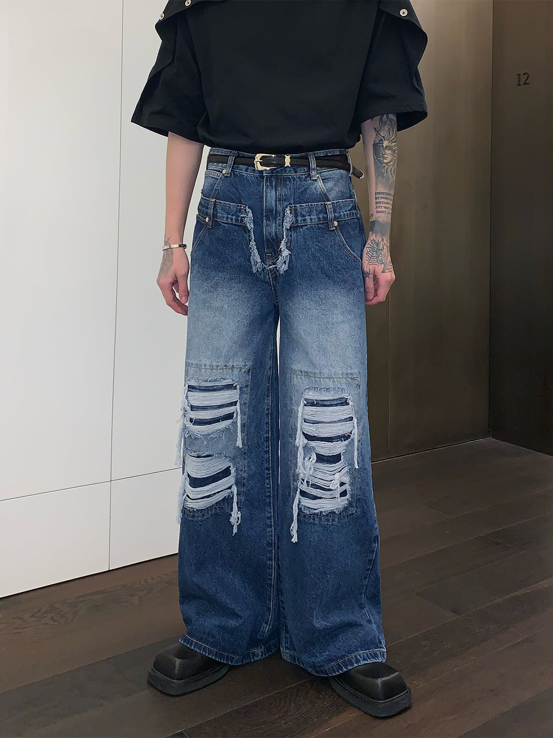 Straight Wide Leg Denim Trousers