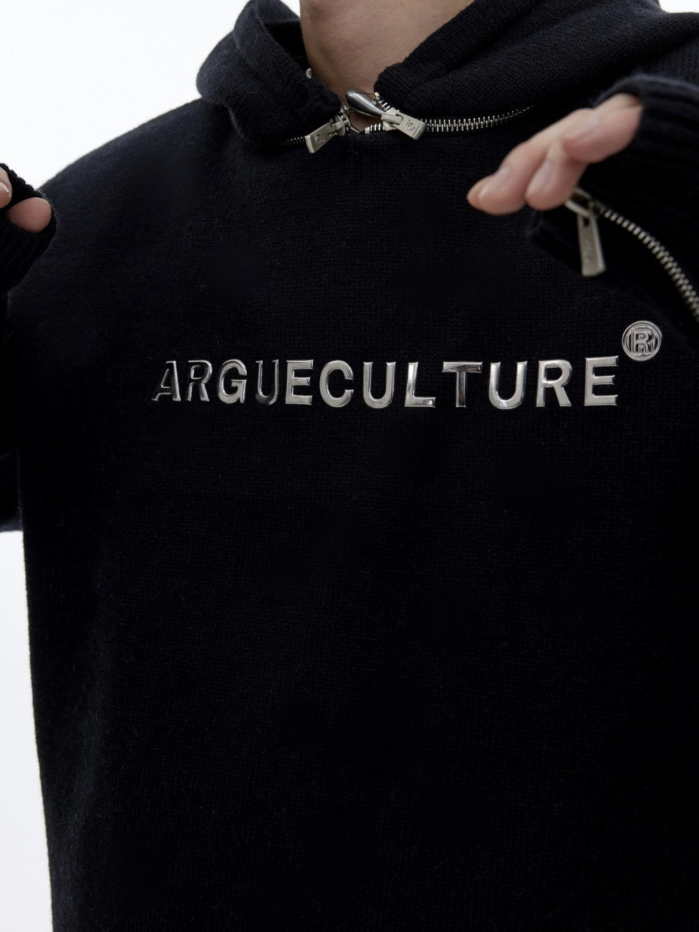 ARGUECULTURE Deconstructed Metal Zipper Knitted Hooded Sweater