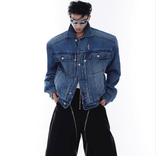 Heavy Washed Padded Shoulder Denim Coat Metal Zipper Jacket