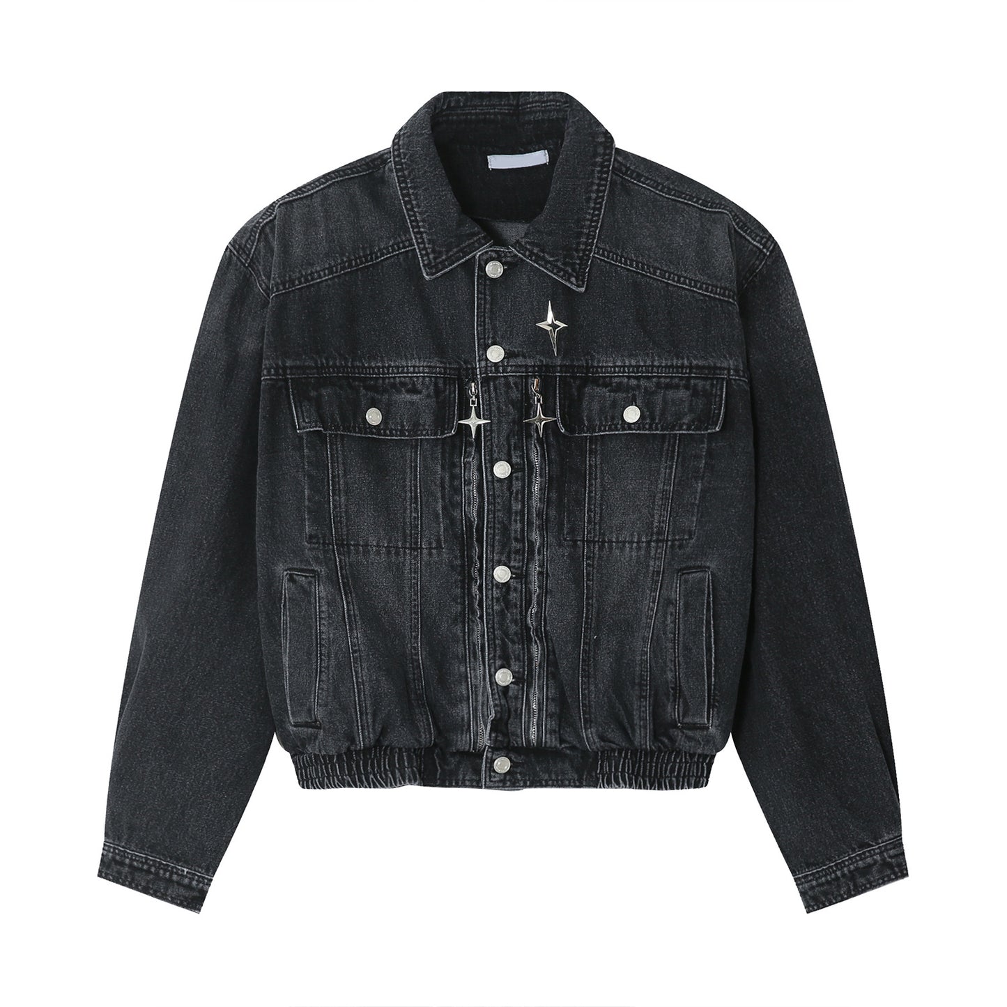 Padded Shoulder Loose Waist Elastic Design Denim Jacket