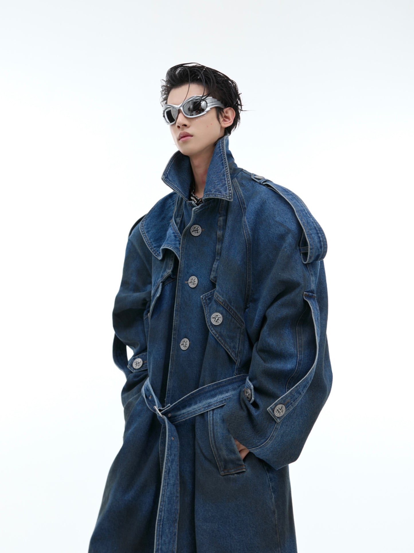 Double Layer Padded Shoulder Long Denim Coat