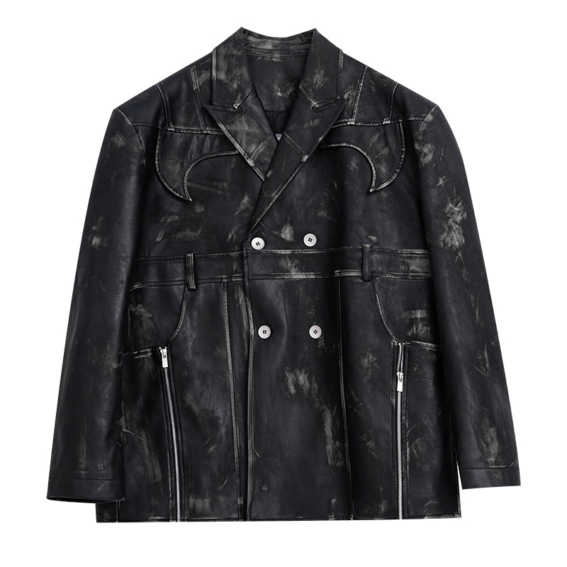 Deconstruction Retro Distressed PU Leather Suit Jacket(Unisex)