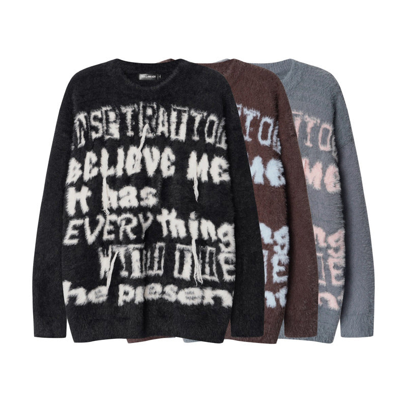 Retro Contrast Color Letter Tassel Sweater (Unisex)